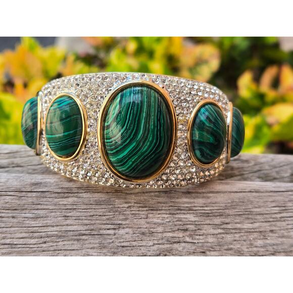 Vintage Hutton Wilkinson Malachite, Pave Crystal Rhinestone Hinged Cuff Bracelet - Picture 1 of 10